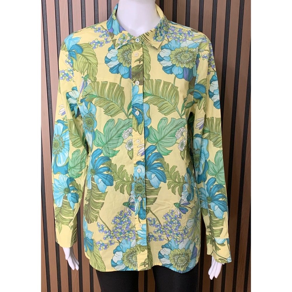 Talbots Women's L Cotton Floral Button Down Shirt Yellow Blue Tropical L/S